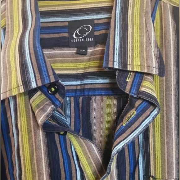 Cotton Reel Blue & Green Striped Collared Button Up Long Sleeve - Picture 2 of 3
